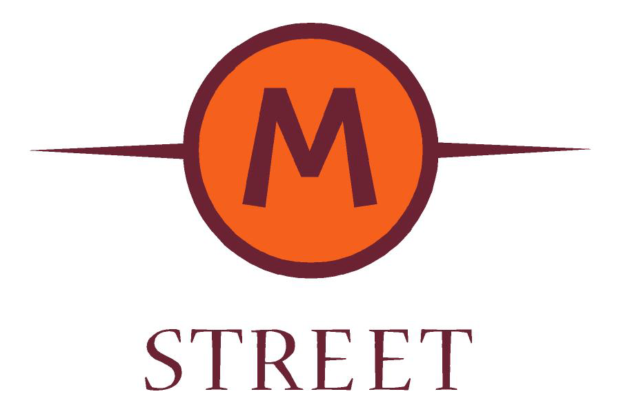 A logo with a red circle and a letter M in the center.